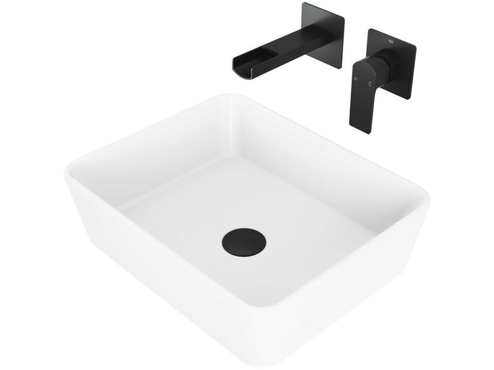 Marigold Rectangular Vessel Bathroom Sink Set with Atticus Wall-Mount Faucet in Matte White and Matte Black