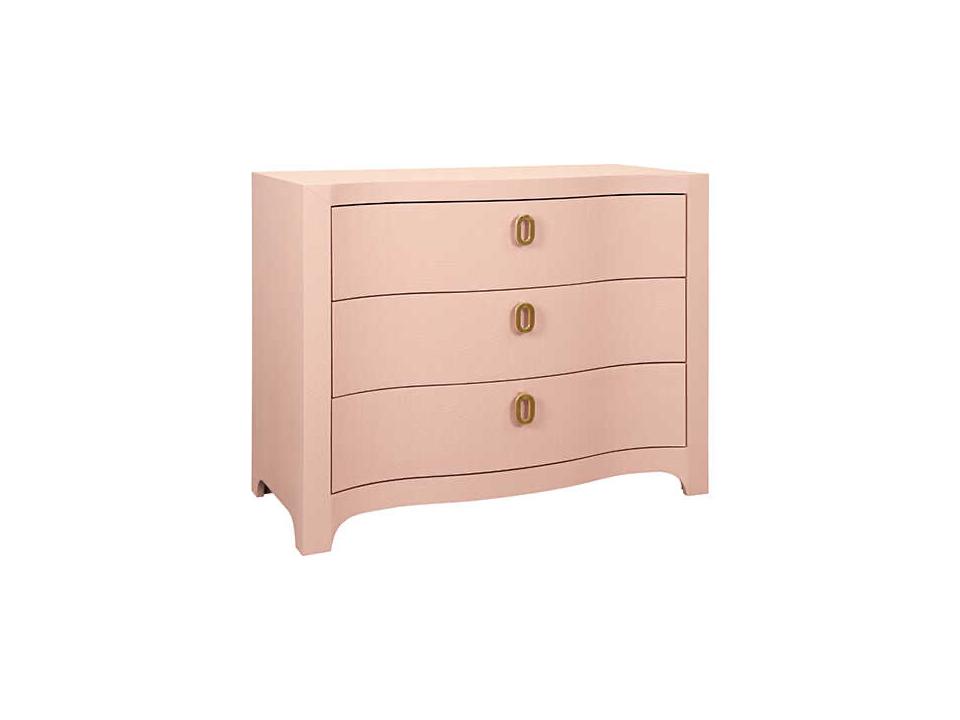 Cora 3-Drawer Curved Front Chest in Pink Linen with Brass Hardware