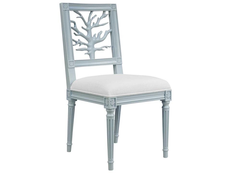 McKay Coral Motif Back Dining Side Chair in Matte Light Blue Lacquer