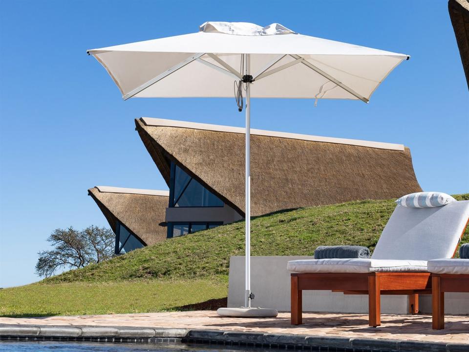 Mistral 8.2-Foot Square Pulley Lift Outdoor Umbrella in Silver