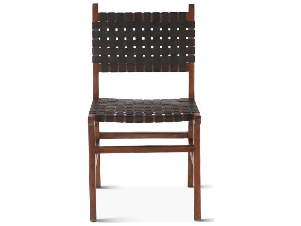 Lisbon Upholstered Dining Side Chair in Black Leather and Mango Wood