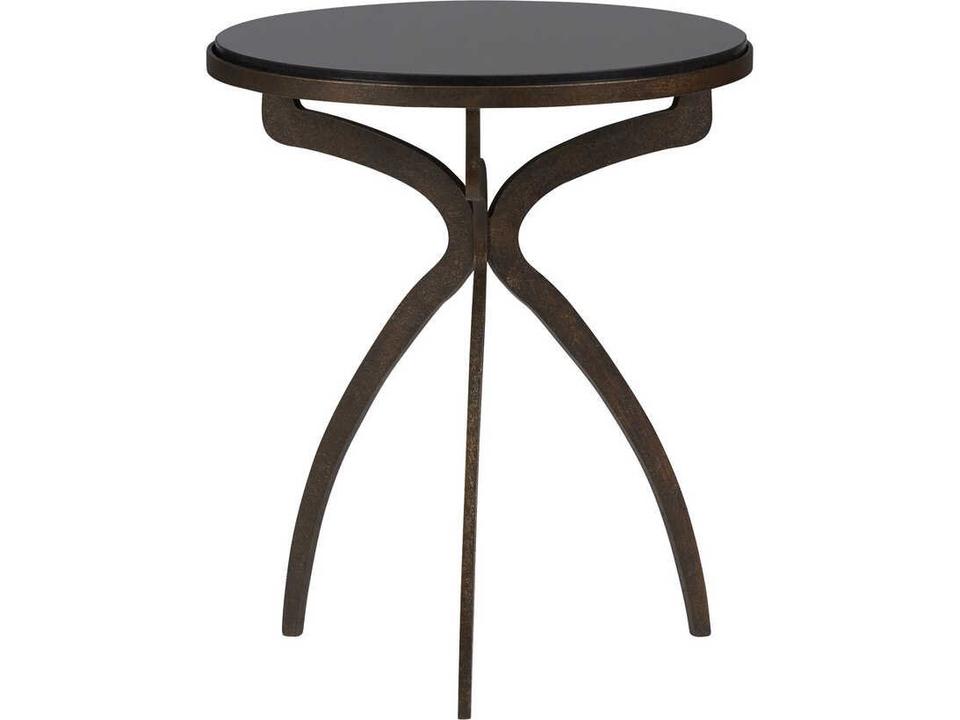 Drake Round Iron End Table with Black Marble Top in Textured Bronze Finish