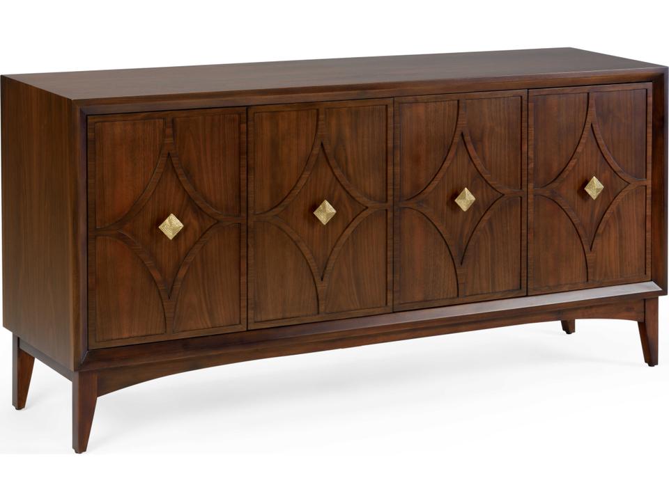 Diamond Mid-Century Walnut Veneer Sideboard with Brass Iron Base