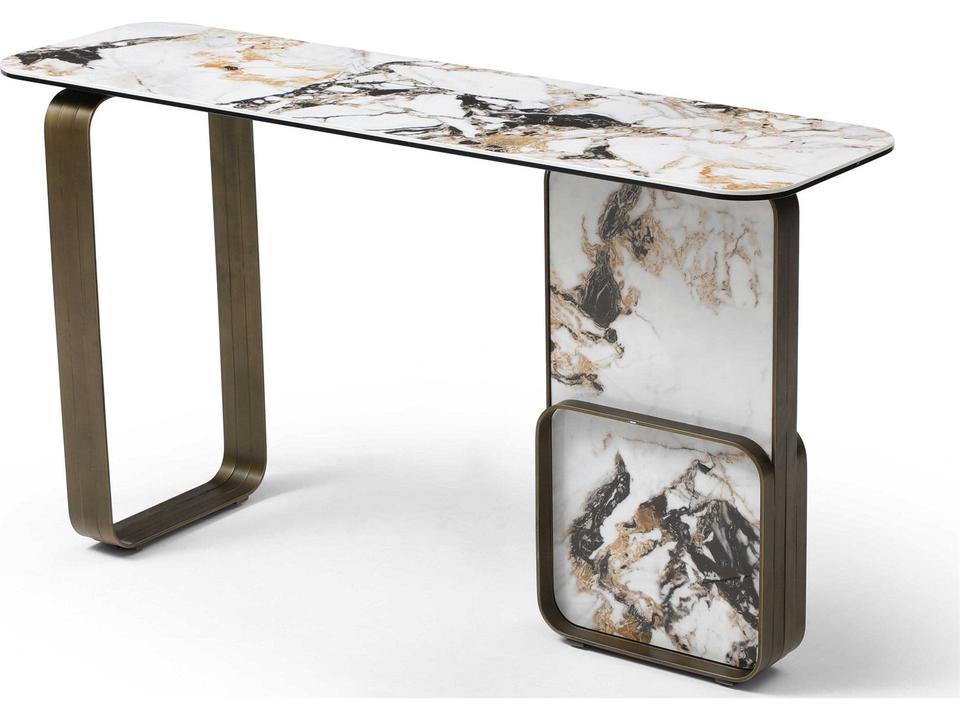 Kora Rectangle Console Table in Marbleized Ceramic and Brushed Bronze