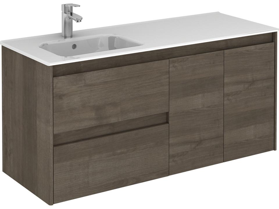 Ambra 120L Wall Mounted Bathroom Vanity in Samara Ash with Integrated Gloss White Sink