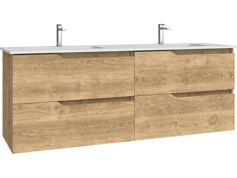 Menta Double Wall Mounted Bathroom Vanity in Natural Oak with Solid Surface Top
