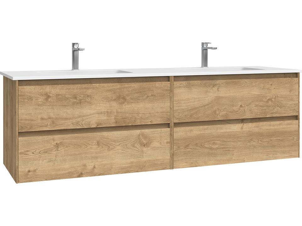 Perla Double-Sink Wall Mounted Bathroom Vanity in Natural Oak with Solid Surface Top