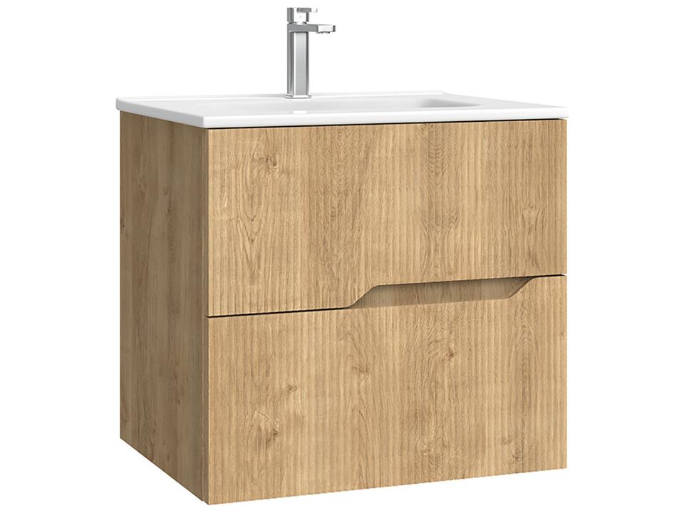 Tulipa Wall Mounted Bathroom Vanity in Natural Oak with Integrated Gloss White Ceramic Sink