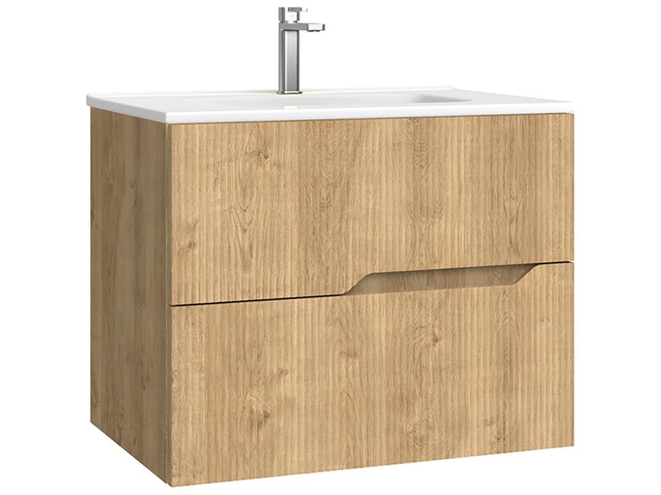 Tulipa Wall Mounted Bathroom Vanity in Natural Oak With Integrated Gloss White Ceramic Sink