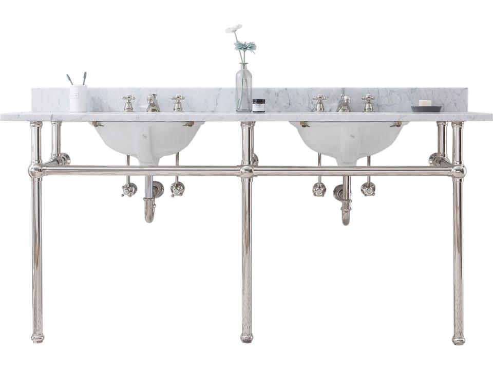 Embassy 72-Inch Double Wash Stand with Carrara White Marble Top in Polished Nickel PVD