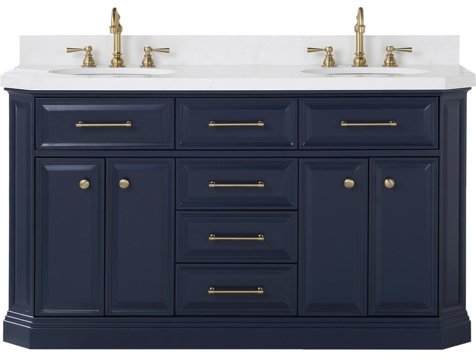 Palace 60-Inch Double Sink Bathroom Vanity Monarch Blue with Quartz Top and Gold Hardware