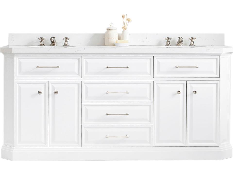 Palace 72-Inch Double Sink Bathroom Vanity with Carrara White Quartz Top and Polished Nickel Hardware