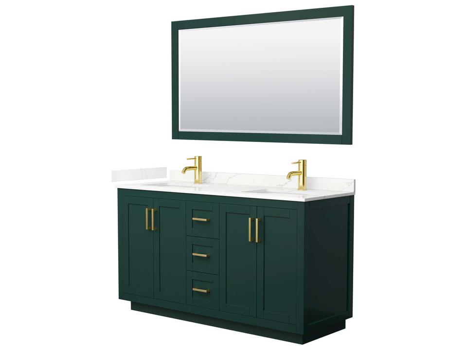 Miranda 60 Inch Freestanding Double Bathroom Vanity in Green with White Quartz Top and 58 Inch Mirror