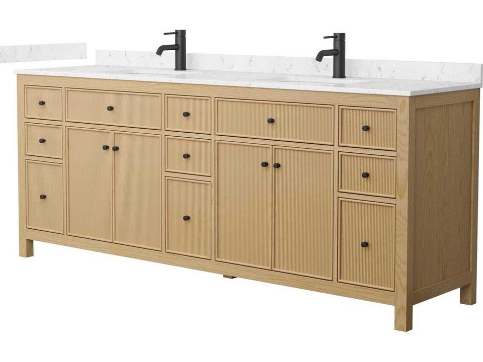 Pendry 84-Inch Double Bathroom Vanity in Tanned Oak with Cultured Marble Top