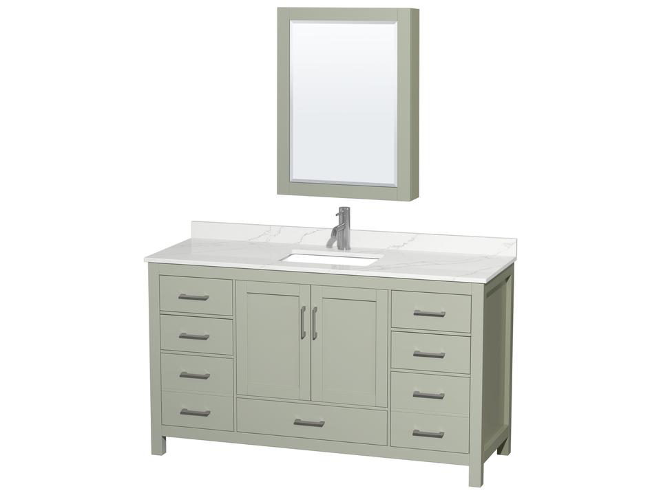 Sheffield 60-Inch Freestanding Bathroom Vanity in Solid Wood with Quartz Top and Medicine Cabinet