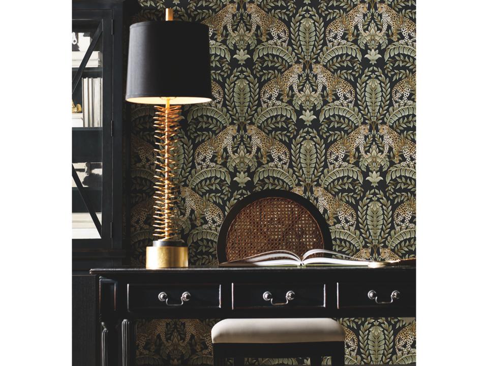 Ronald Redding 24 Karat Black Green Jungle Leopard Wallpaper