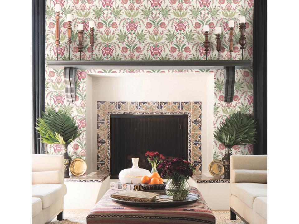 Mediterranean Green Red Seaside Jacobean Wallpaper