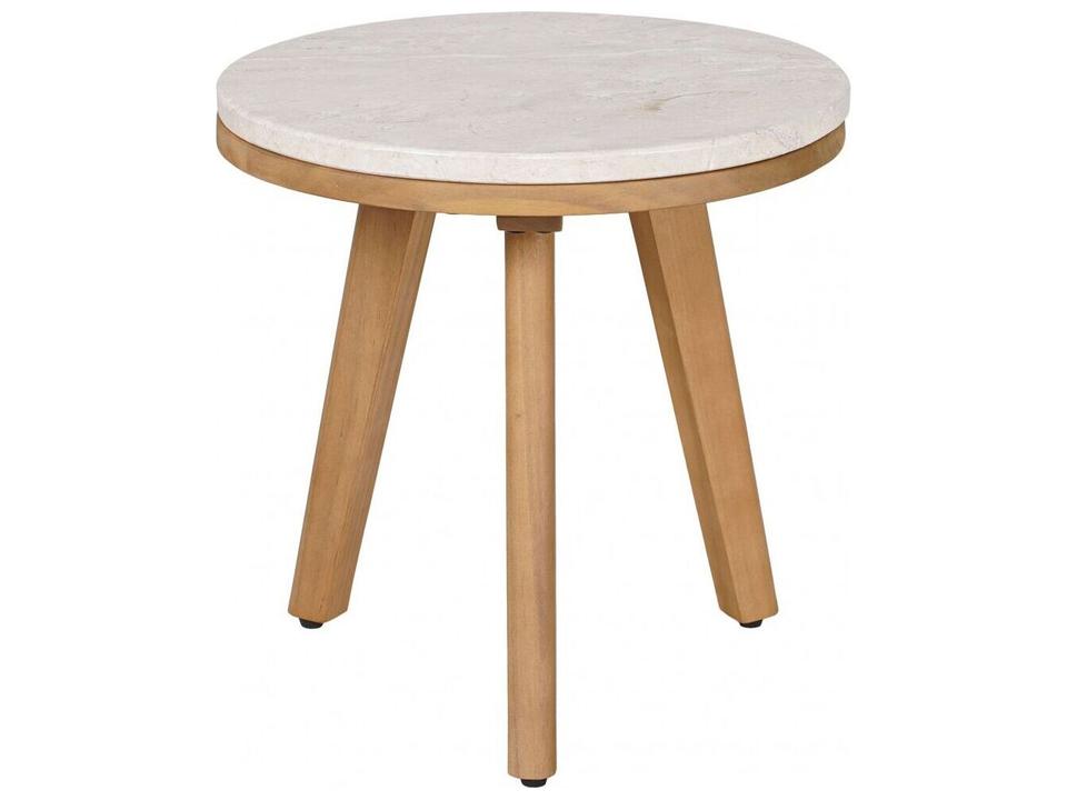 Siro Round Outdoor Side Table in Laminated Travertine and Solid Acacia Wood