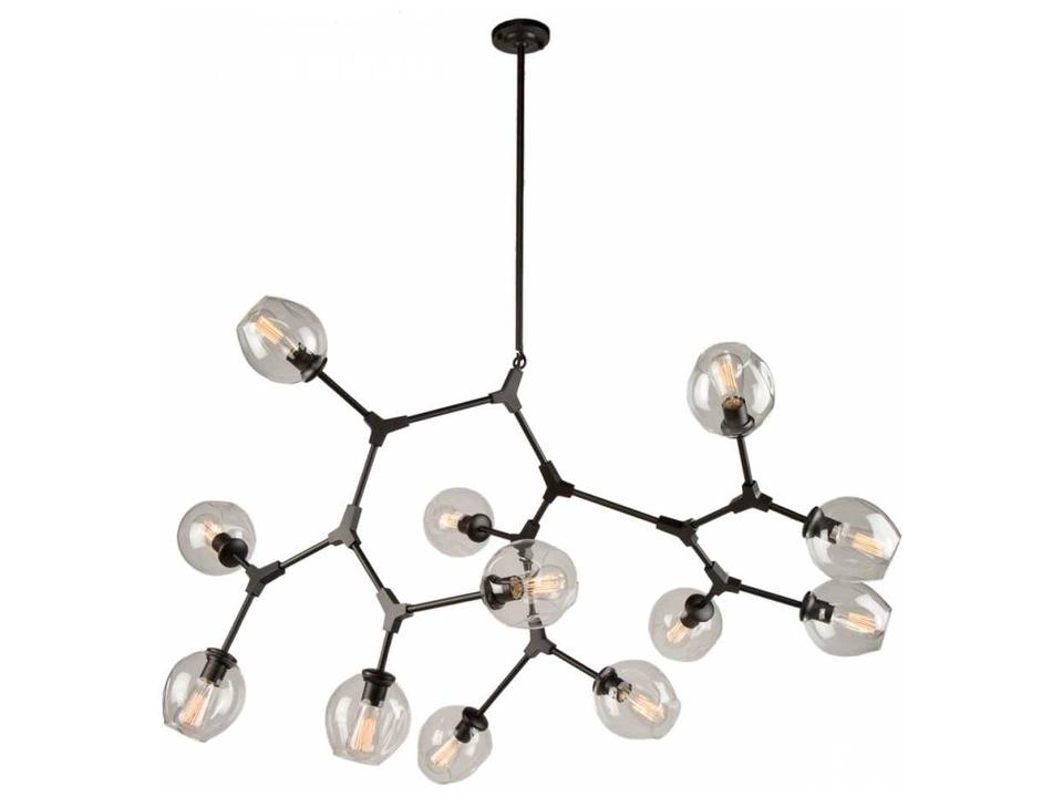 Organic 12-Light Black and Vintage Brass Chandelier with Clear Dimple Glass