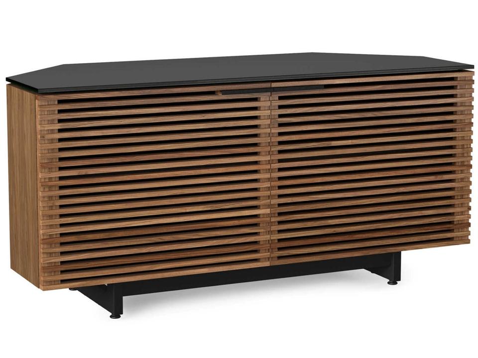 Corridor 8175 Corner Media Cabinet in Natural Walnut with Satin-Etched Glass Top for 55 Inch TVs
