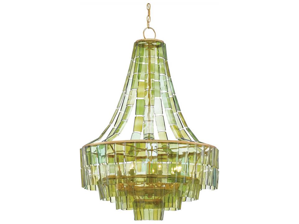Vistas 7-Light Dark Contemporary Gold Leaf Green Glass Candelabra Geometric Chandelier