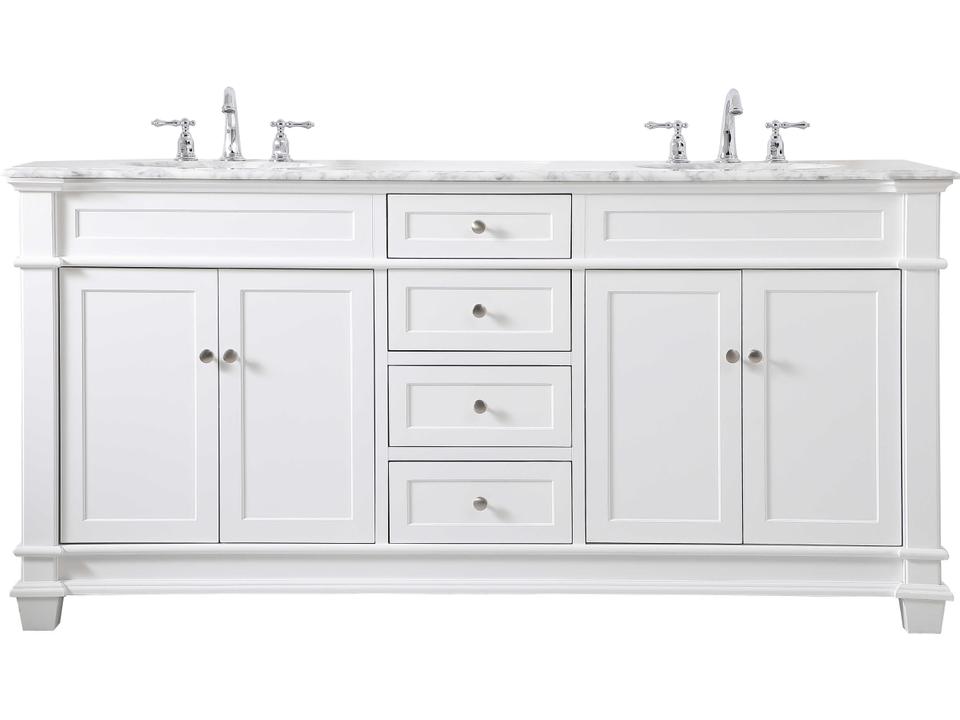 Wesley 72-Inch Double Bathroom Vanity in White with Marble Top