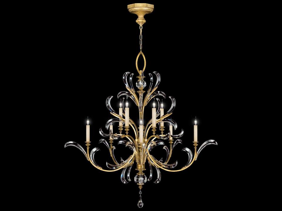 10-Light Beveled Arcs Chandelier in Gold Leaf with Crystal Accents