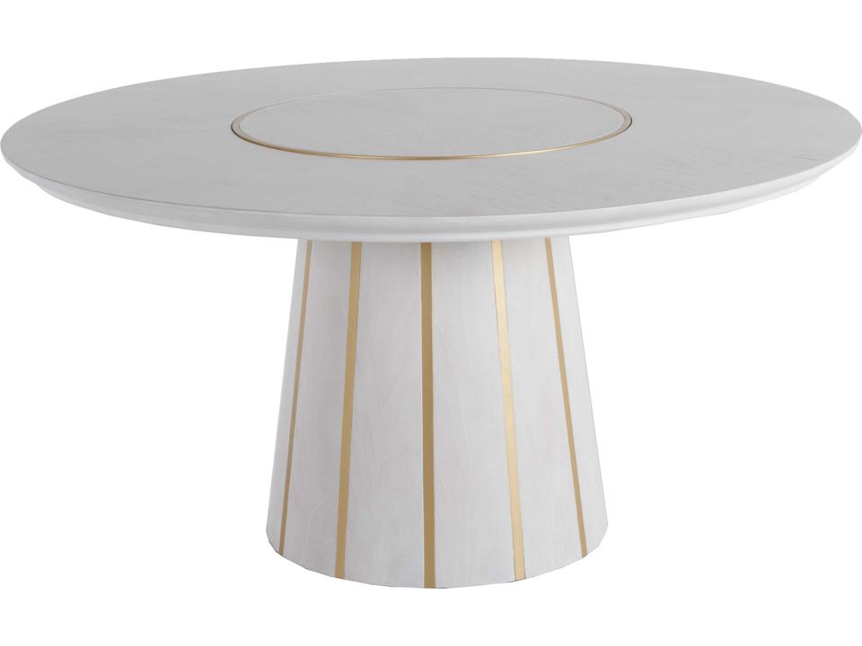 Morgan Round Pedestal Dining Table in Cerused White with Gold Inlays