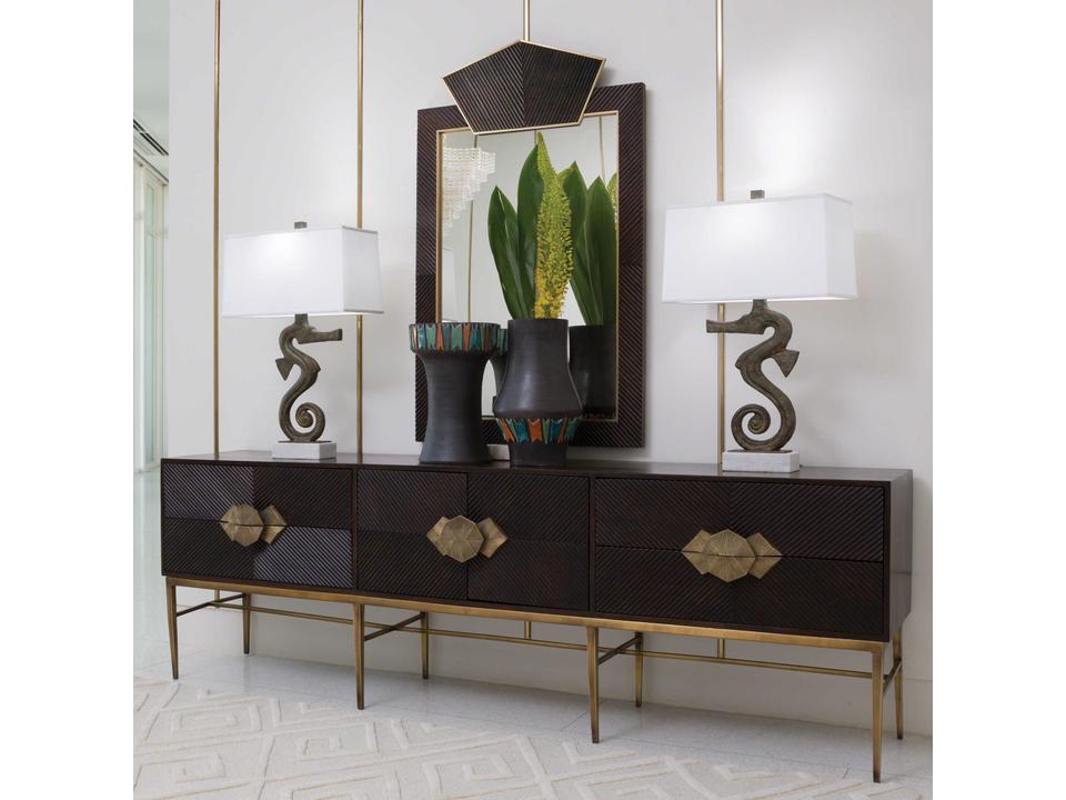 Galapagos 87-Inch Media Cabinet in Dark Walnut and Brass