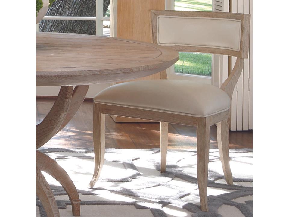 Klismos Upholstered Leather Dining Side Chair in Sandblasted Oak and Beige
