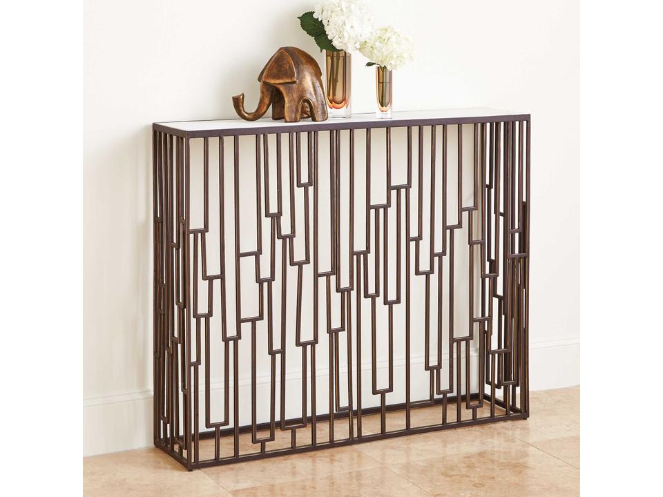 Shingle Hall Console Table with White Marble Top and Bronze Base