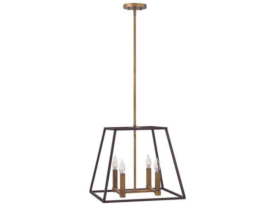 Fulton 4-Light Tapered Cage Pendant Light in Bronze with Heirloom Brass Accents
