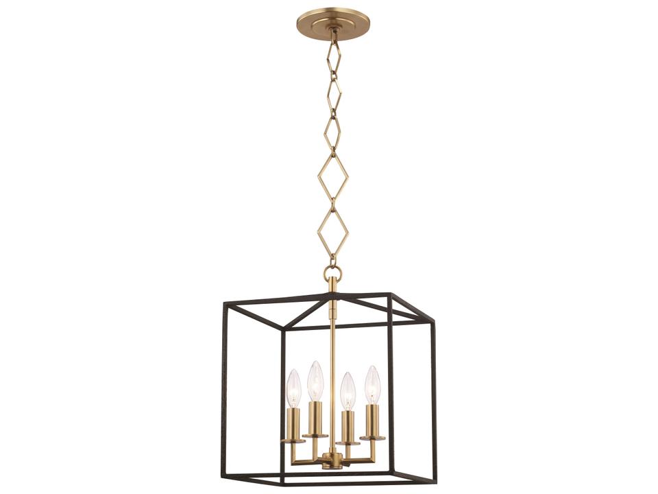 Richie 4-Light Square Cage Pendant Light in Aged Brass and Black