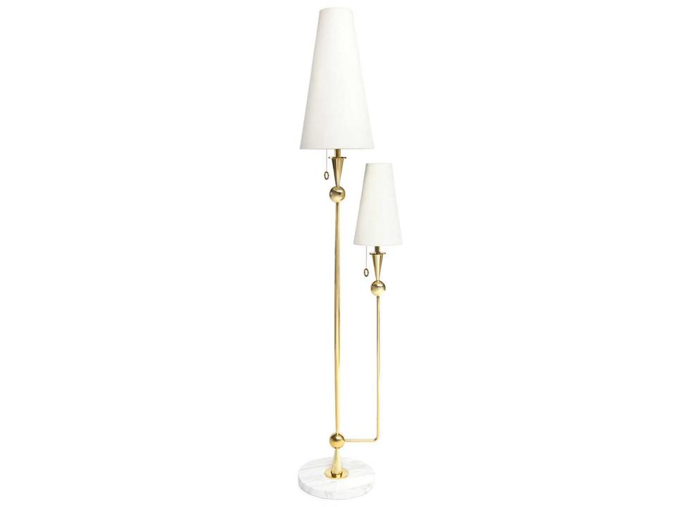 Caracas 2-Light Floor Lamp in Polished Brass and White Marble with White Linen Shades