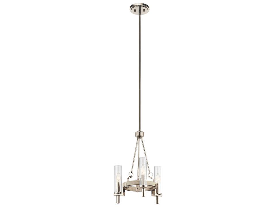 3-Light Telan Mini Chandelier in White Washed Wood and Clear Glass