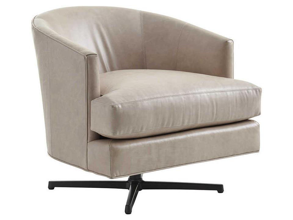 Graves Leather Swivel Accent Chair in Beige with Charcoal Base