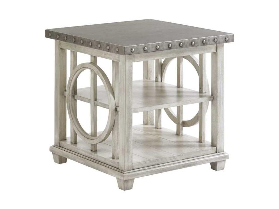 Oyster Bay Lewiston Square Lamp End Table in Burnished Stainless Steel and Oyster Gray
