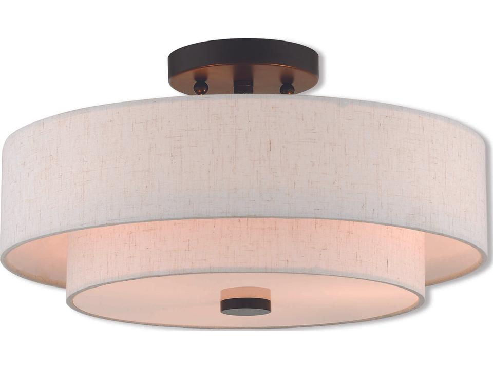 Claremont 3-Light Semi-Flush Mount Ceiling Light in English Bronze with Oatmeal Shade