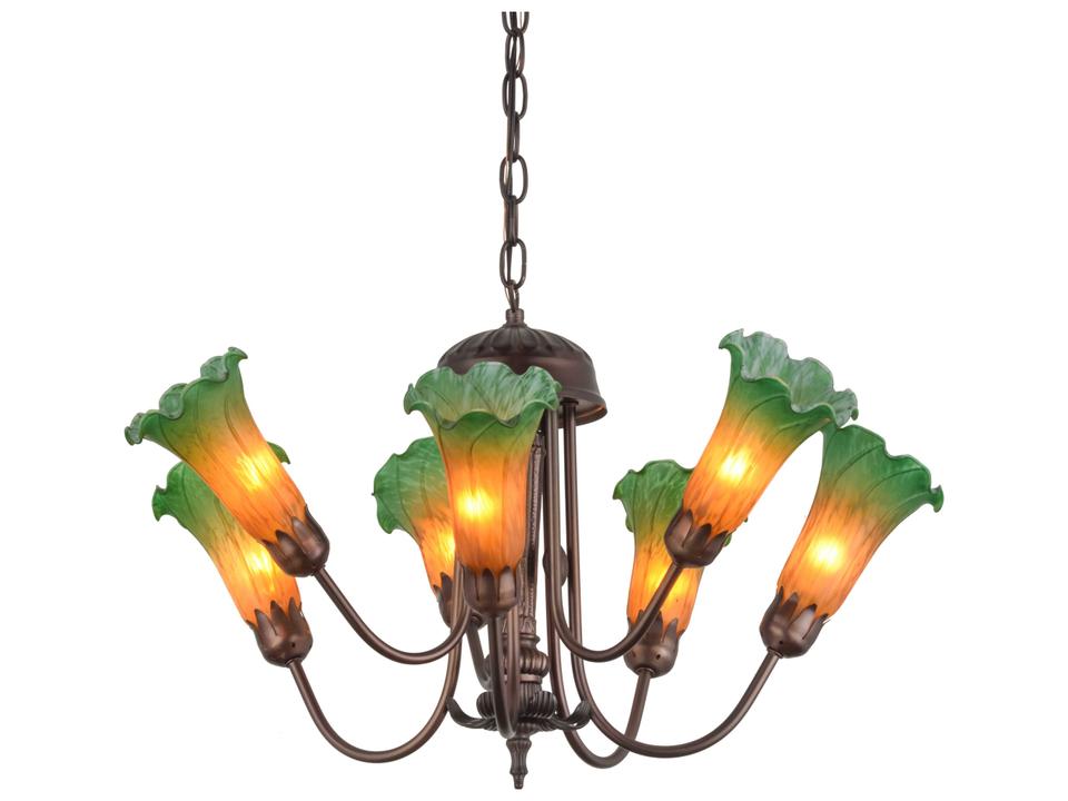 Tiffany 7-Light Amber Green Tiffany Chandelier in Mahogany Bronze