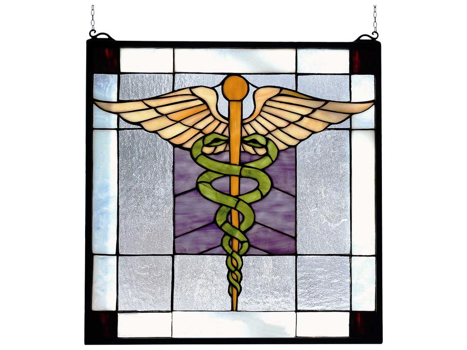 Medical Stained Glass Window Panel in Multicolored Glass and Solid Brass