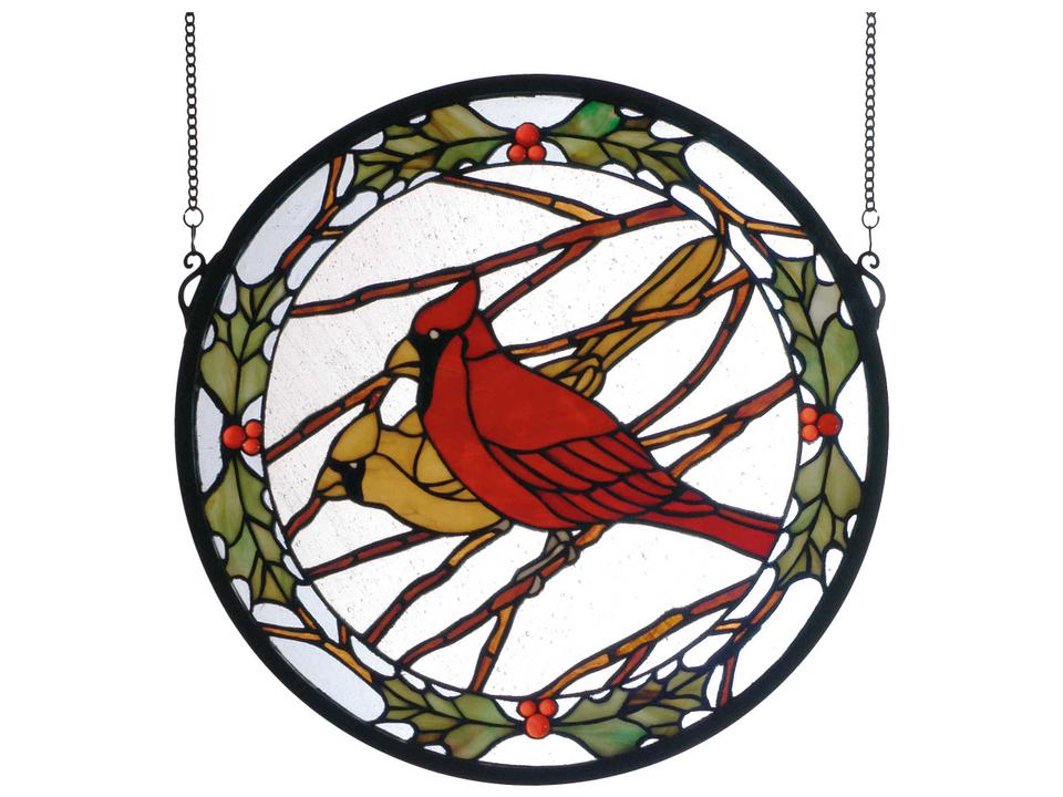 Cardinals & Holly Stained Glass Window Panel with Solid Brass Frame