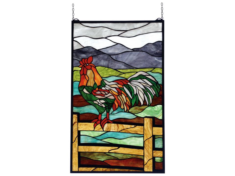Tiffany Rooster Stained Glass Window with Solid Brass Frame