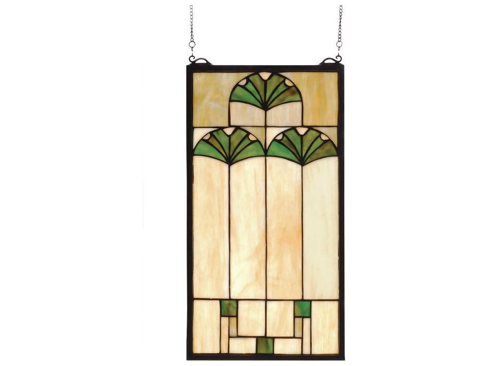 Tiffany Ginkgo Stained Glass Window Panel in Cottage Green and Beige