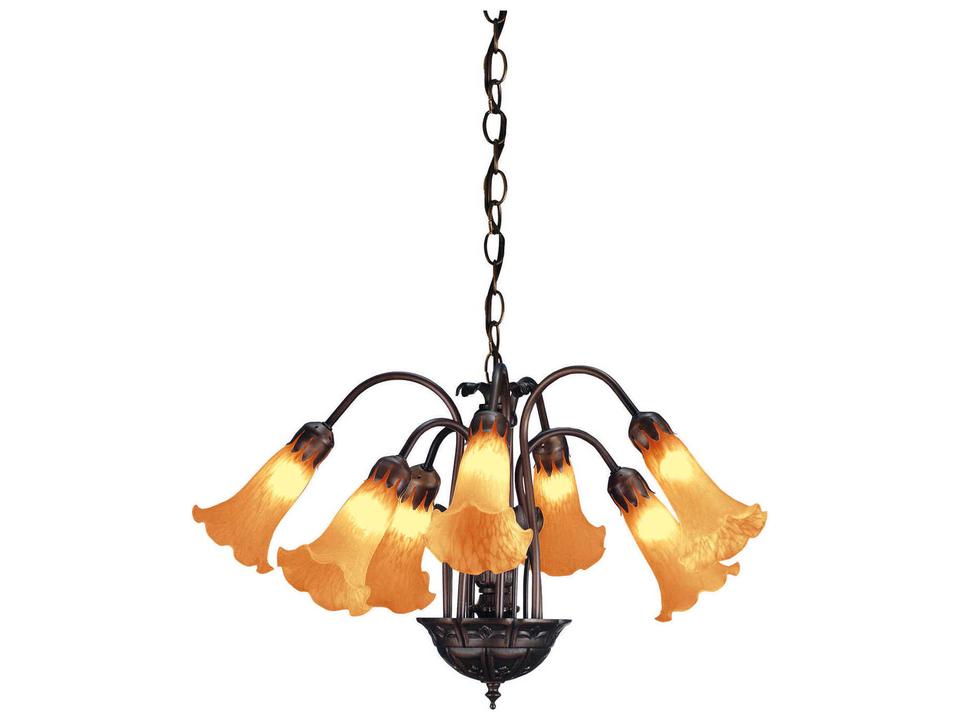 Tiffany 7-Light Amber Pond Lily Chandelier in Mahogany Bronze