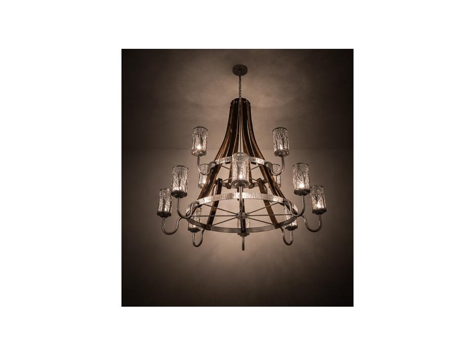 12-Light Barrel Stave Chandelier in Brushed Nickel and Natural Wood Brown
