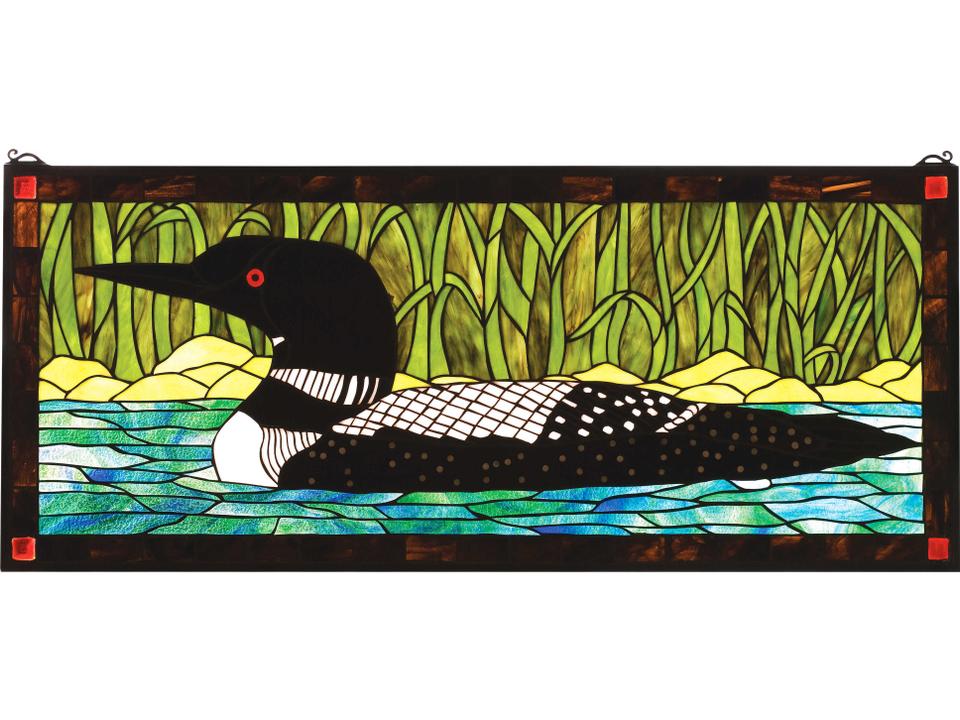 Tiffany Loon Stained Glass Window with Black and White Loon Design