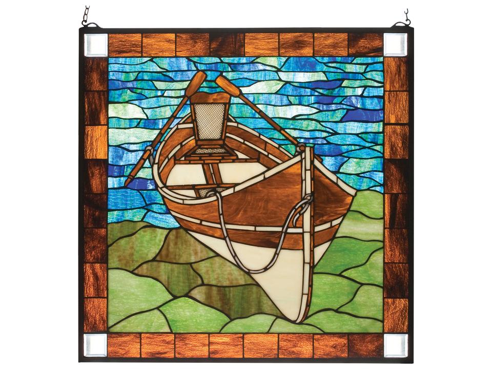 Tiffany Beached Guideboat Square Stained Glass Window Pane with Solid Brass Frame