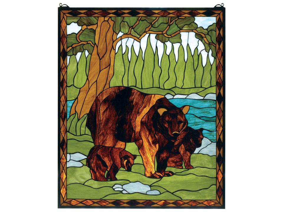 Lighting Brown Bear Stained Glass Art Panel Window
