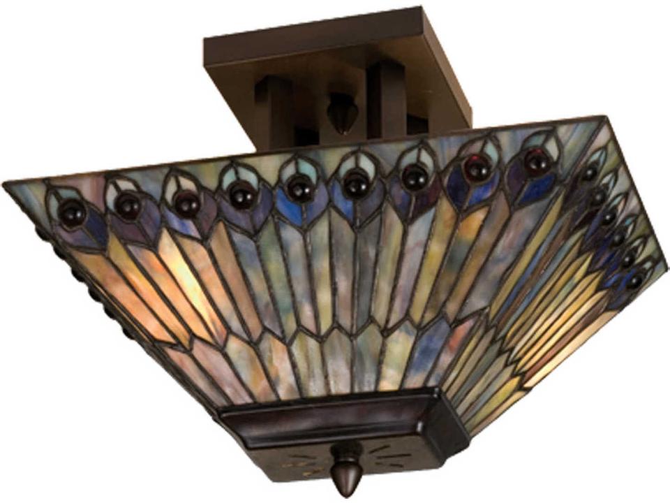 Tiffany 2-Light Tiffany Jeweled Peacock Flush Mount in Antique Copper