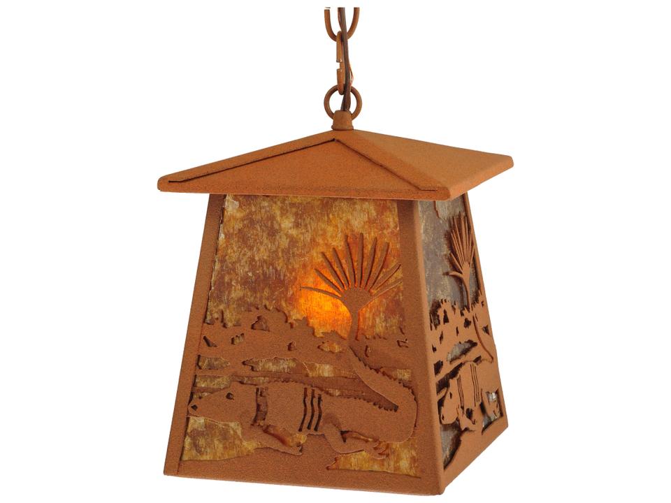 Alligator Lantern Pendant Light in Rust with Amber Mica Shade